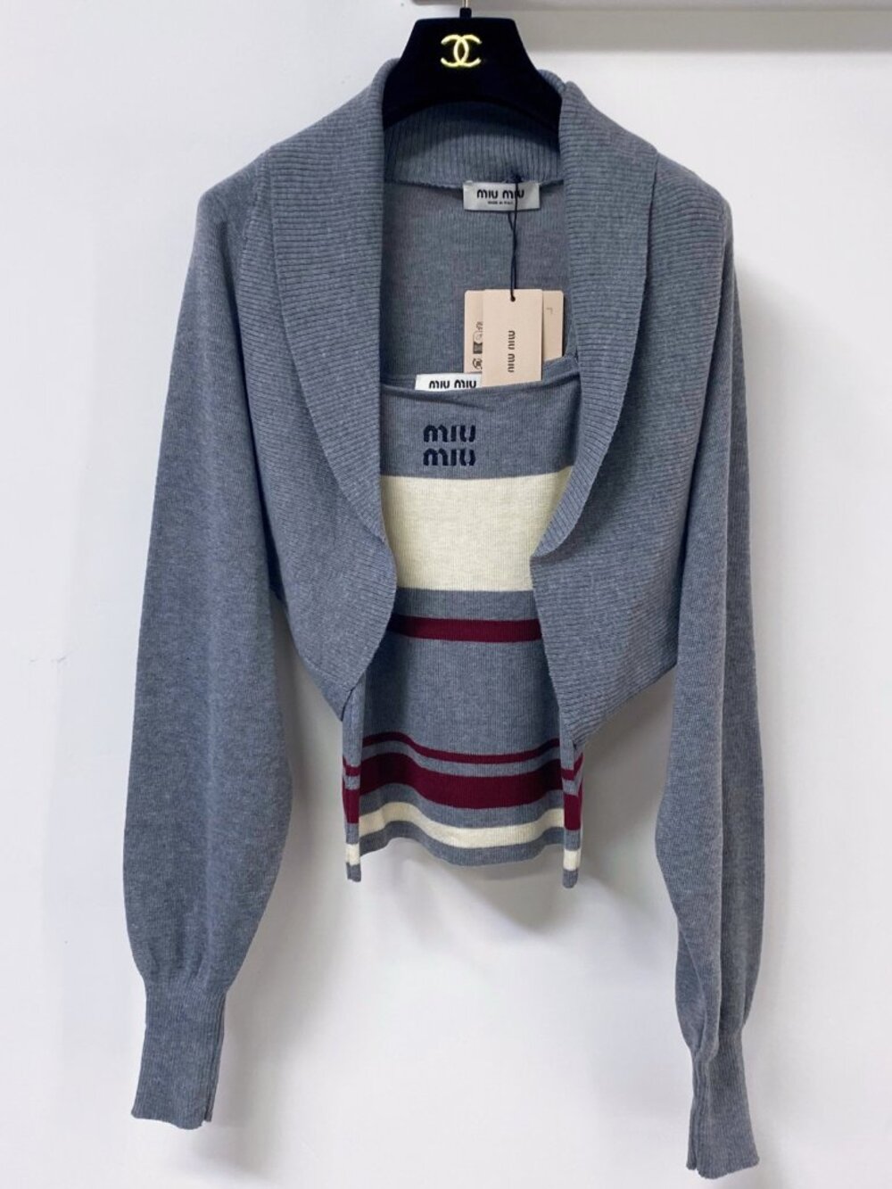 Miu Miu 2‑Piece Knit Set Cropped Shrug Bolero + Striped Logo Cami Co‑ord